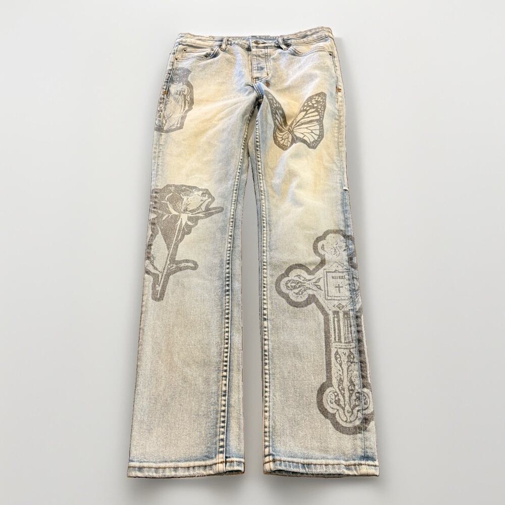Ksubi Mens Blue Chitch Kit Out Graphic Cross Butterfly Roses Print Jeans Size 33